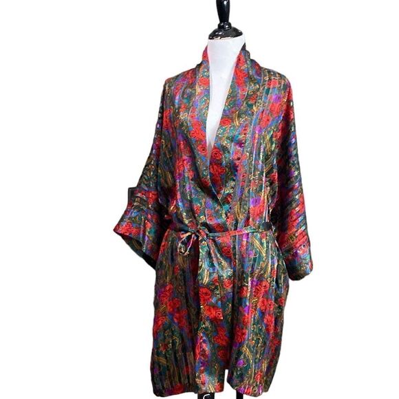 Victorias Secret Vintage Gold Label Satin Semi Sheer Robe Floral - Picture 1 of 10